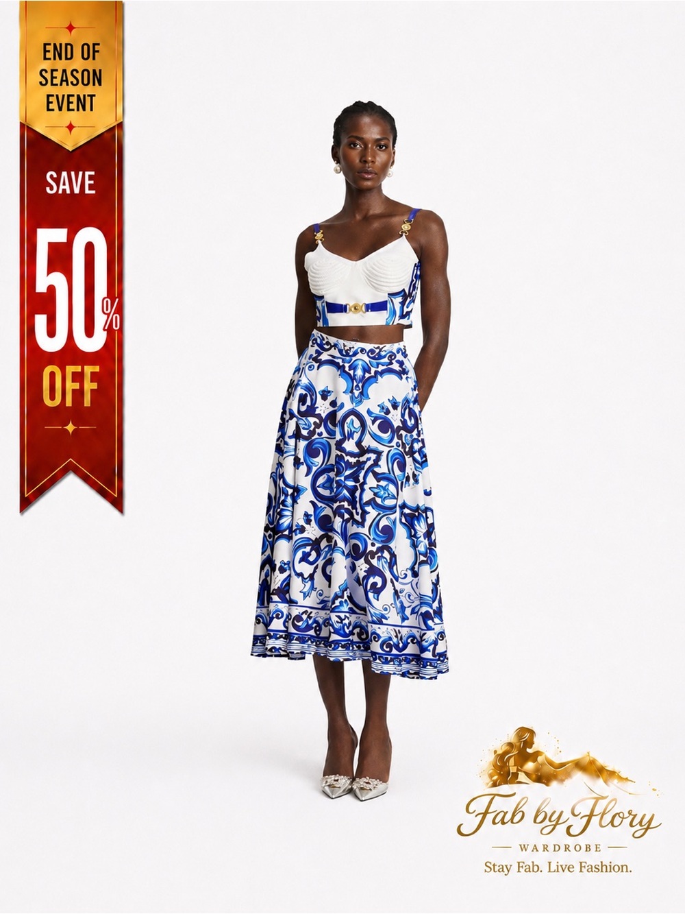 YS Blue & White Baroque Bustier Midi Skirt Set- Runs Small Check Measurements
